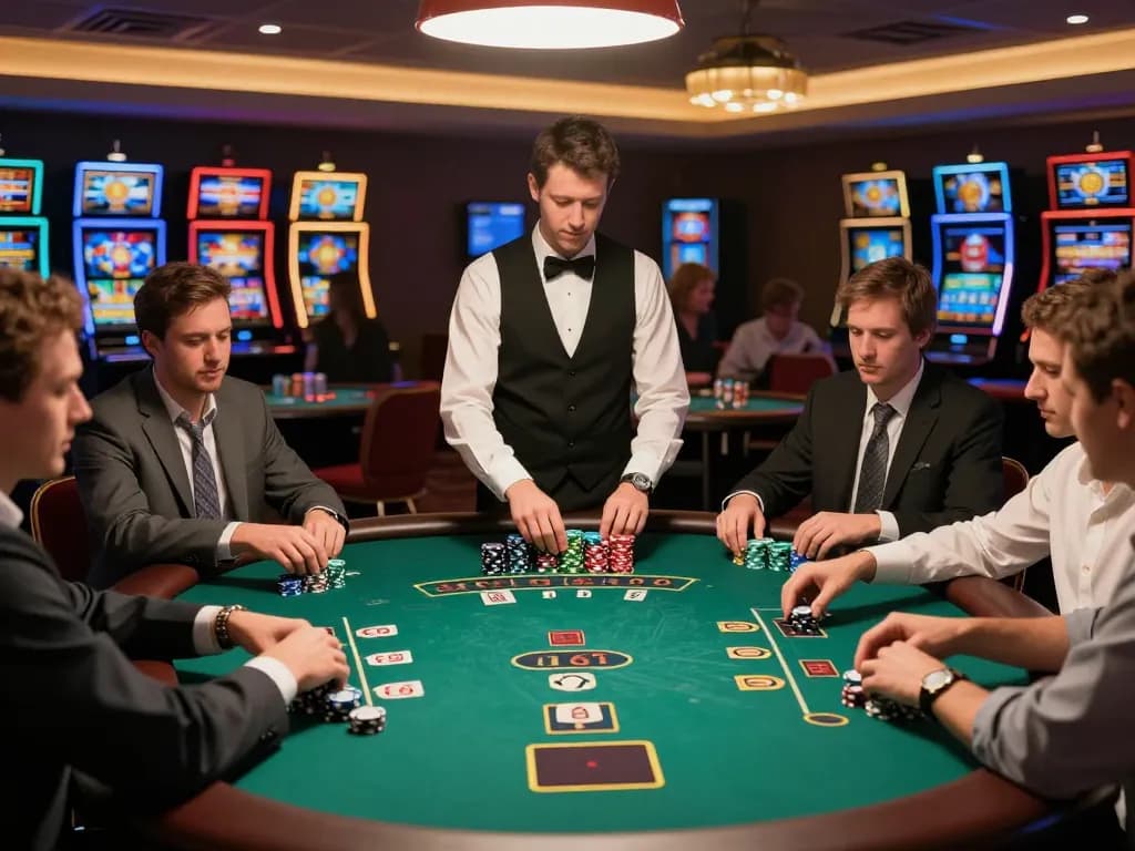 winstrike69 players strategically placing bets at a lively blackjack table in a luxury casino