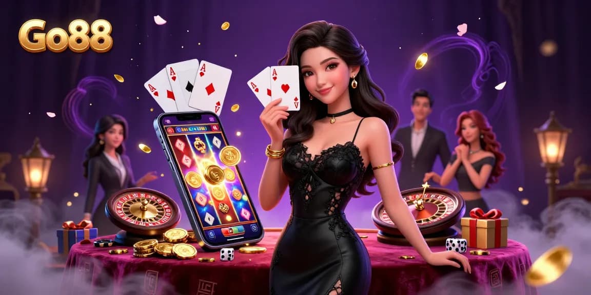 Engage in thrilling gameplay at Go88 with an elegant Asian woman showcasing her winning hand in a luxurious casino setting.