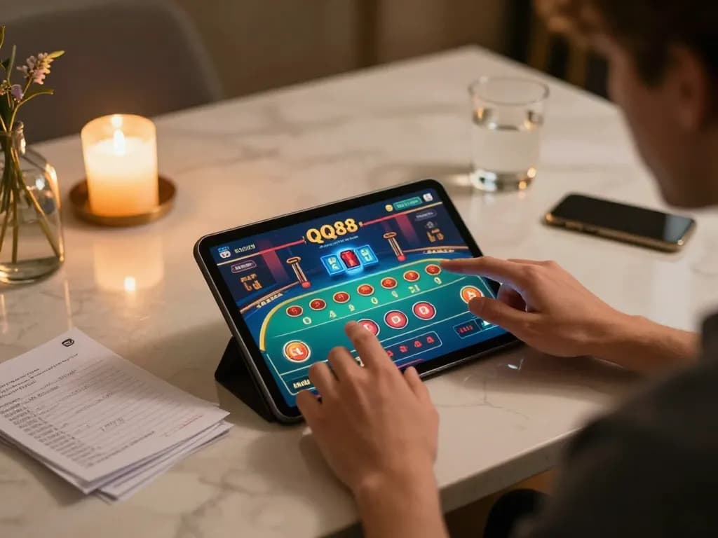 Engaged user playing QQ88 on a tablet amidst a cozy home gaming setup.