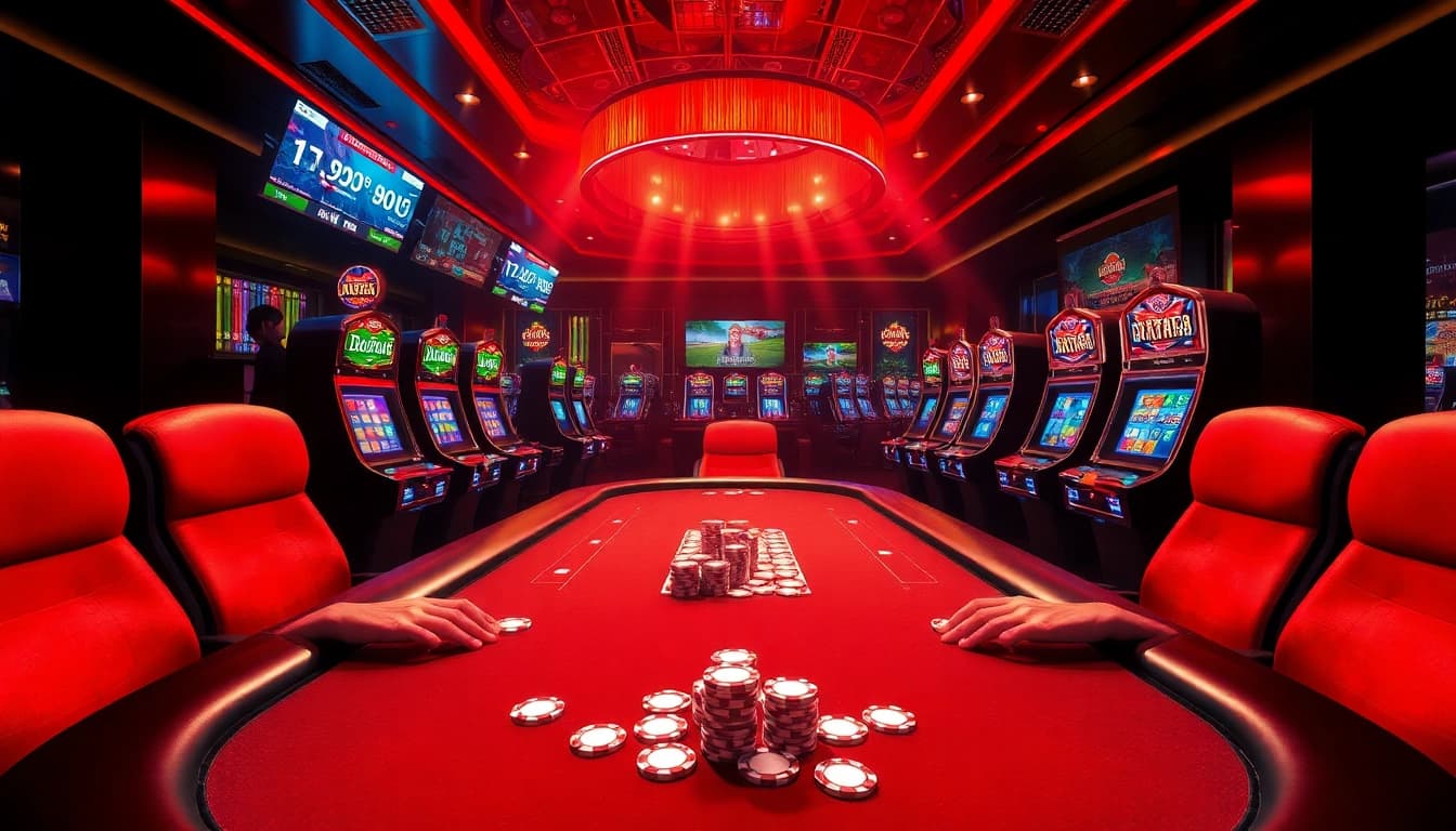Rasakan sensasi kemenangan Datuk Win di meja poker kasino yang penuh semarak, dipenuhi para pemain dan mesin slot yang mencolok.
