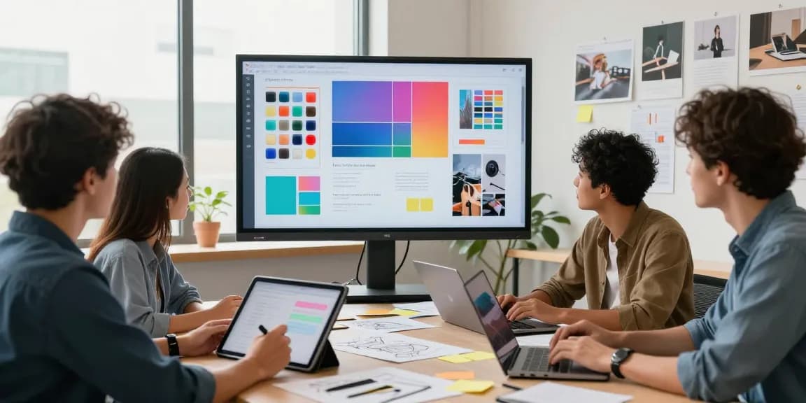 Team collaborating on a mixboard in a vibrant creative workspace, showcasing visual concepts and brainstorming activities.