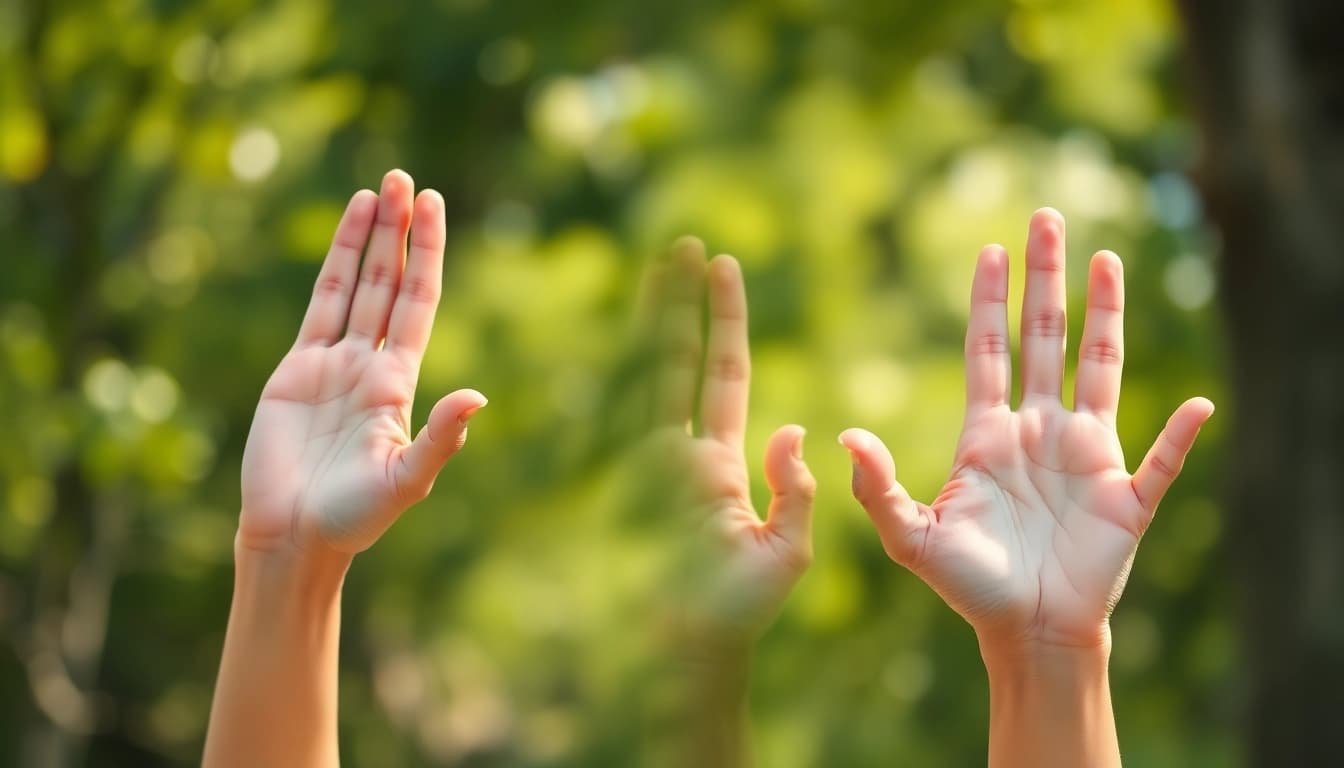 Yoga mudras performed in nature, showcasing hand gestures for energy and balance.
