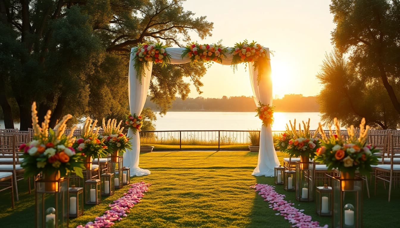 Elegant outdoor Wedding Venue Jacksonville FL featuring floral decorations and sunset lighting.