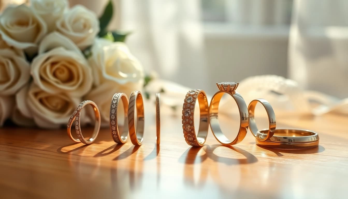 Showcasing stunning wedding bands in various styles on a polished surface.