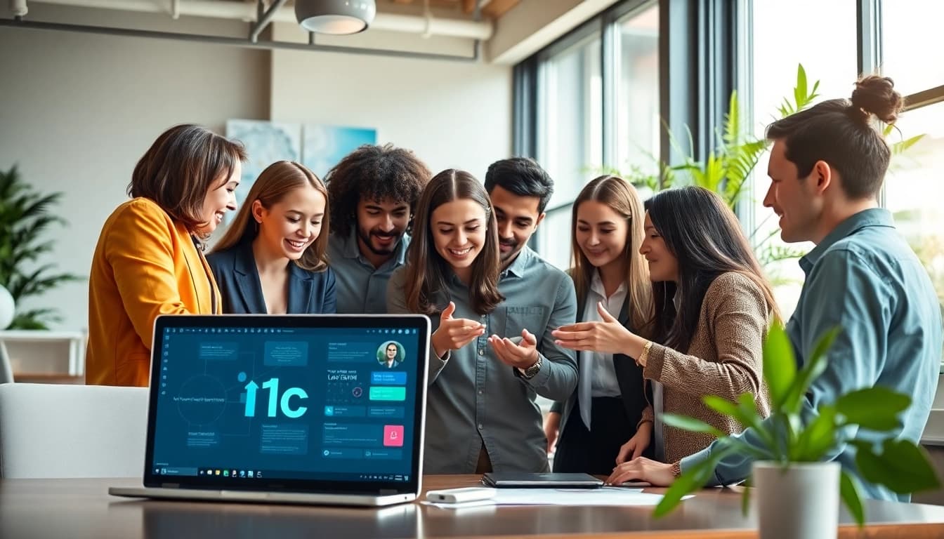 Collaboration on a digital project featuring the 1cplatform interface in a modern workspace.