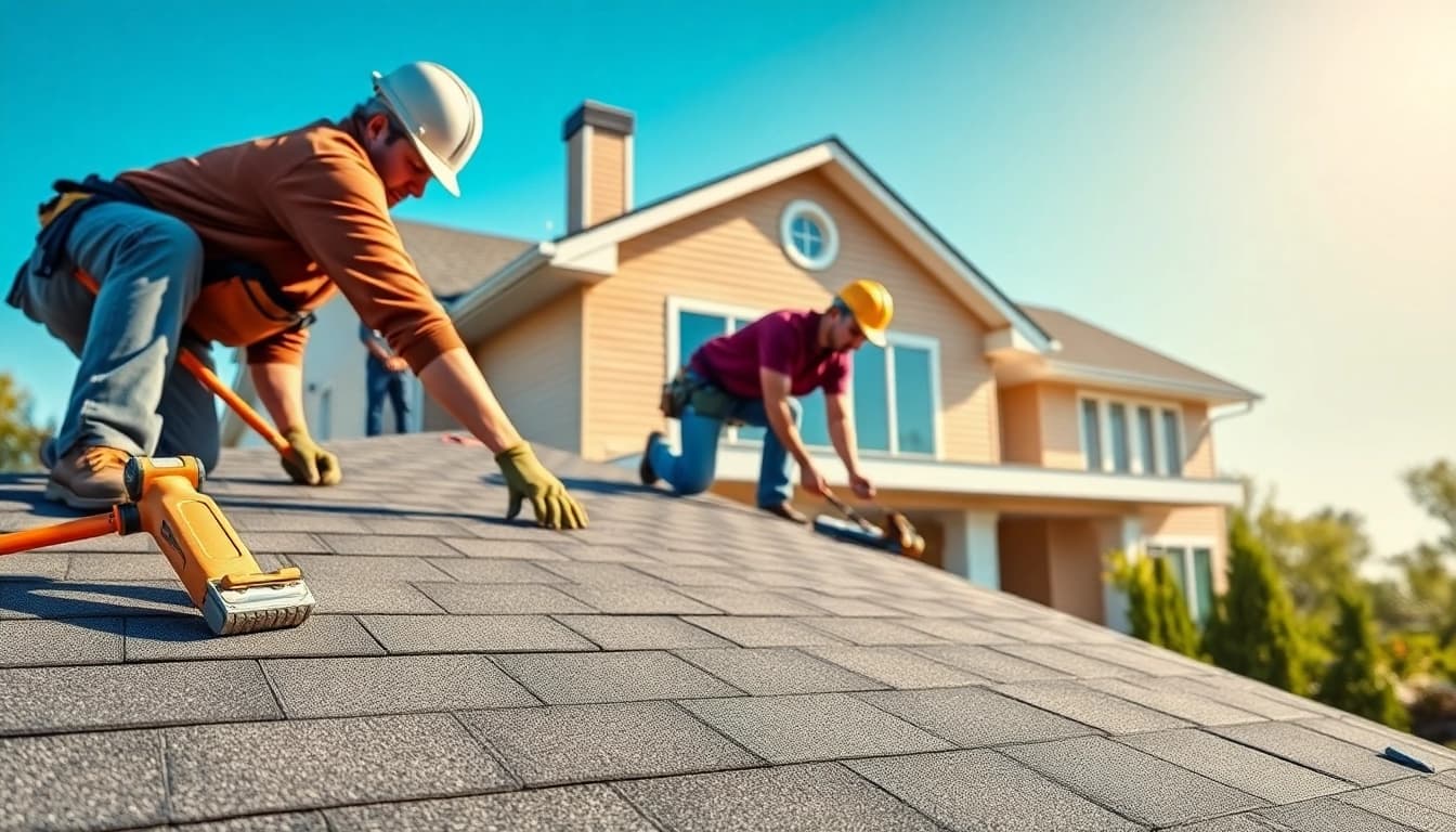 Twin Shield Roofing crew installing shingles on a residential roof with precision and care.