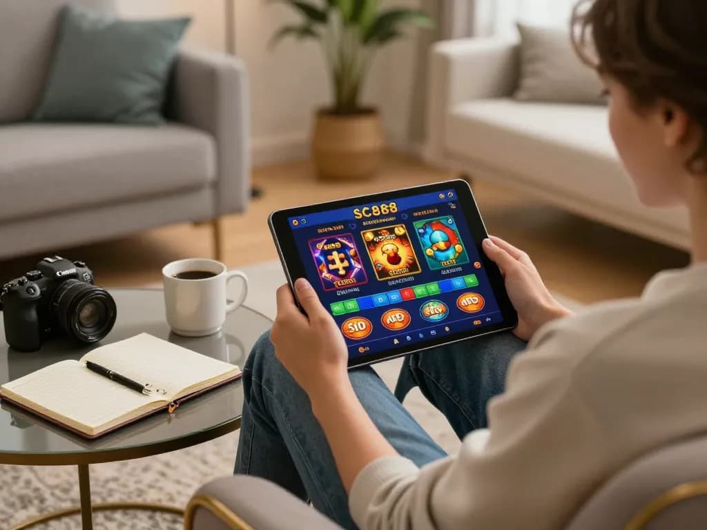Engaging player interacting with the SC888 app in a cozy home gaming setup.