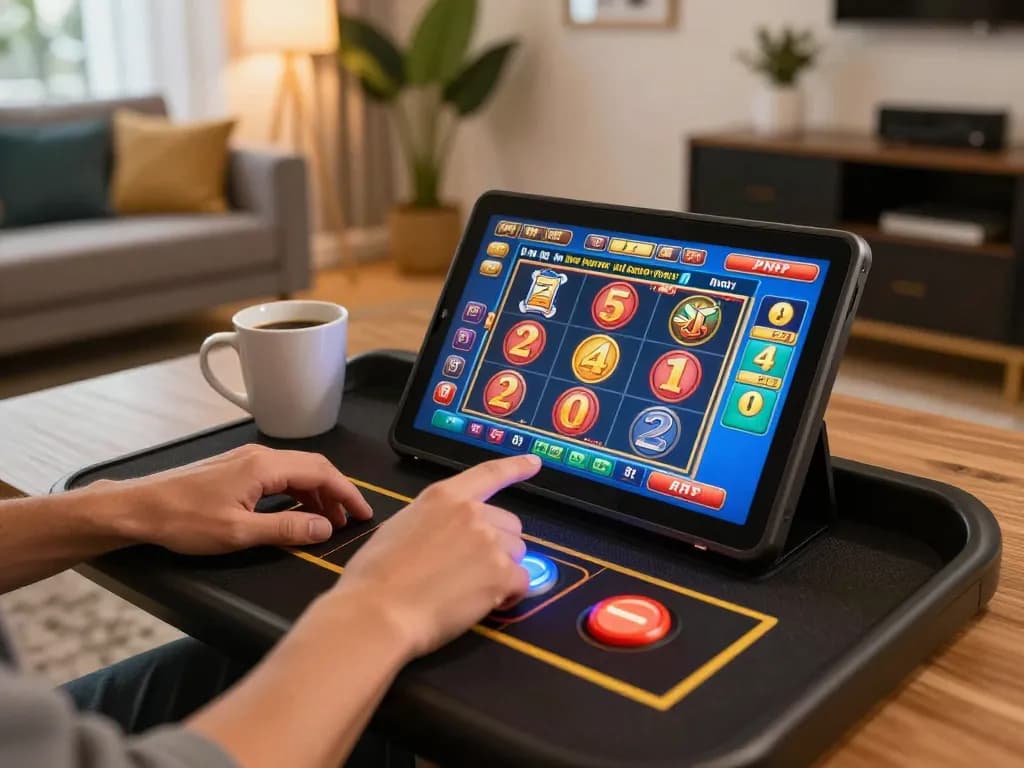 FAFA828 player spinning slots on tablet at home, showcasing online casino excitement and strategy