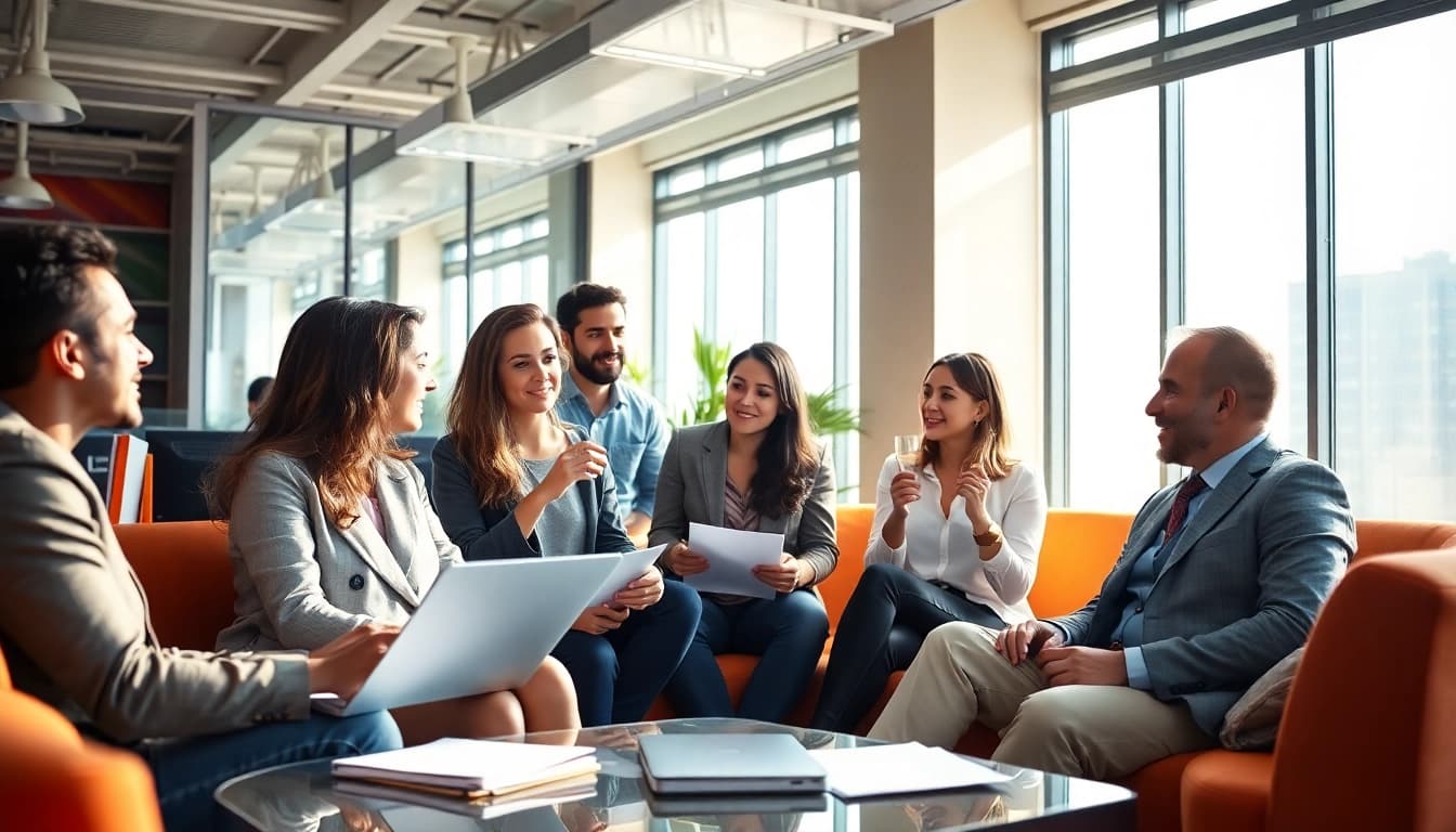 Engaging entrepreneurs discussing biz for sale opportunities in a bright office setting.