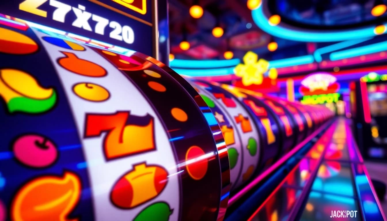 Slot gacor menampilkan simbol buah dan keberuntungan di mesin slot yang berputar.
