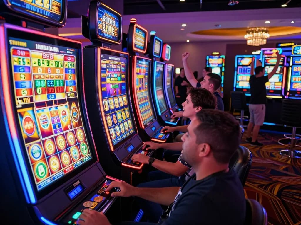 Players enjoying slot gacor machines, celebrating wins amidst colorful casino ambiance