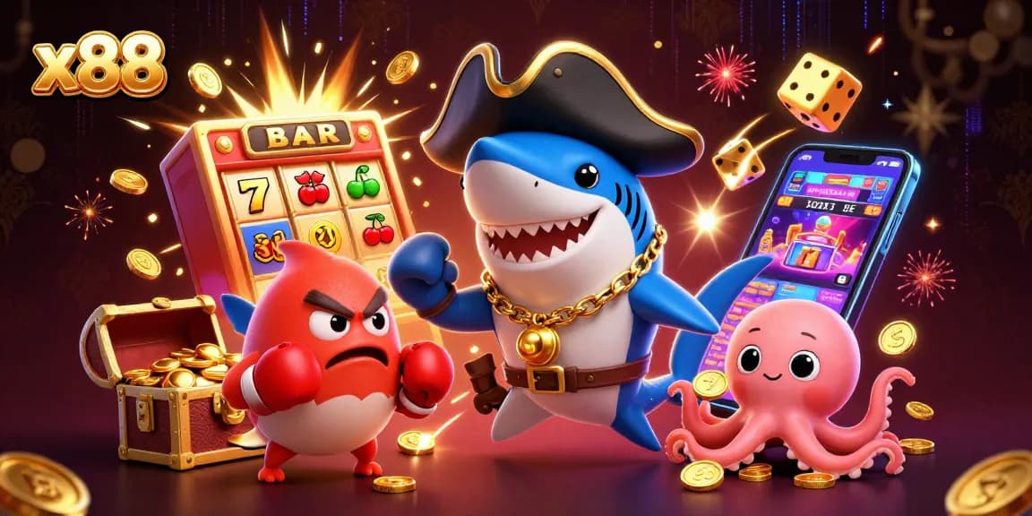 Play exciting casino games at x88 with cartoon characters, dynamic slot machines, and vibrant gold coins.