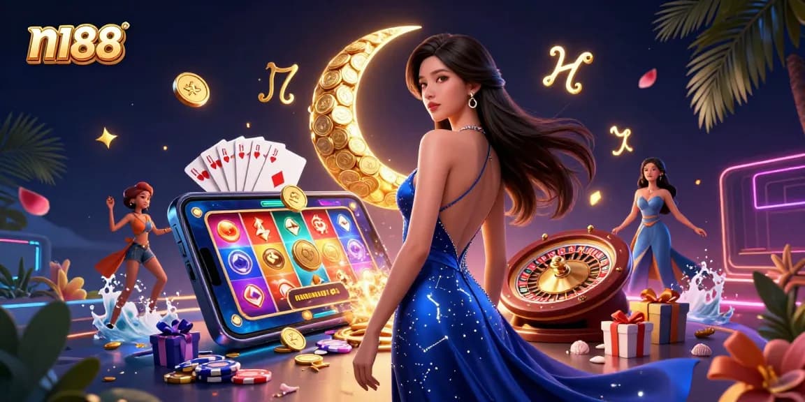 Engage with n188's world of gaming featuring elegant Asian woman amidst vibrant casino elements.