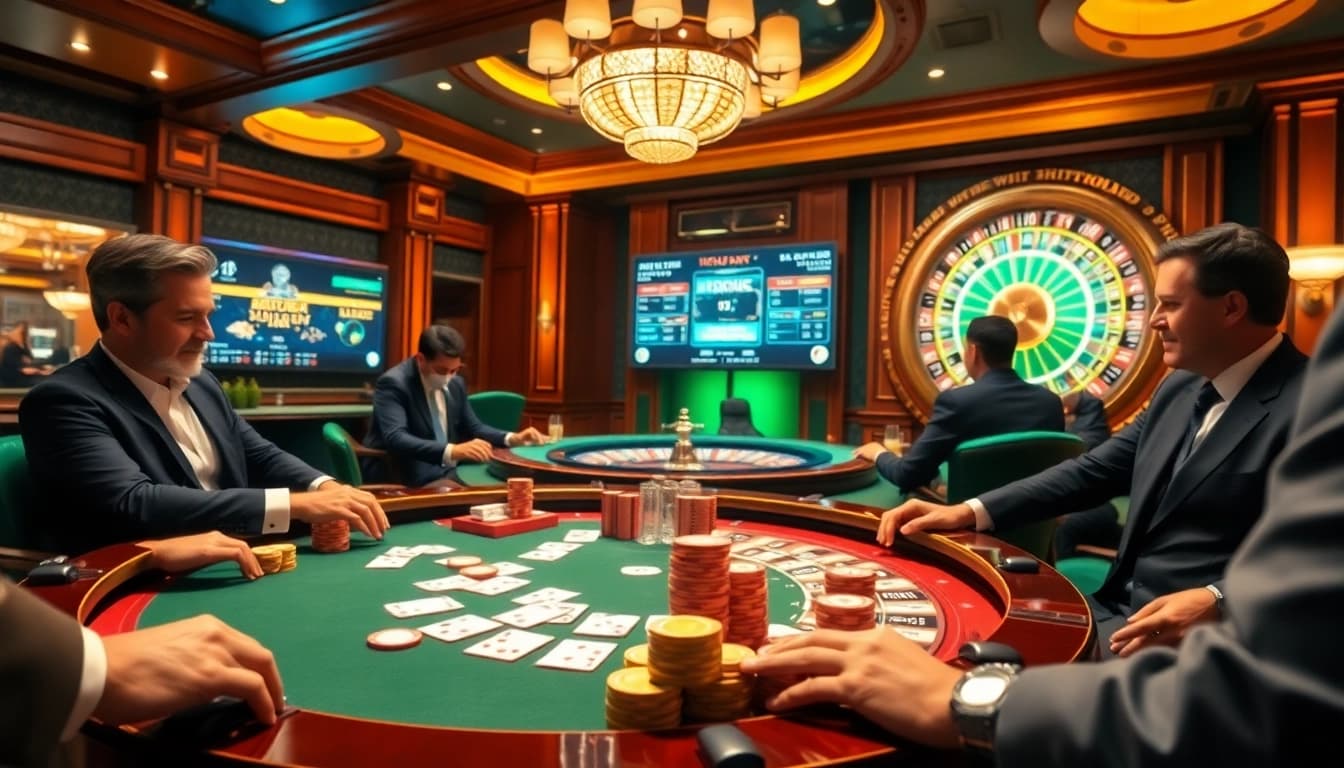 A poker table scene showcasing players engaged in a game, highlighting the hidden wiki onion as part of the casino environment.
