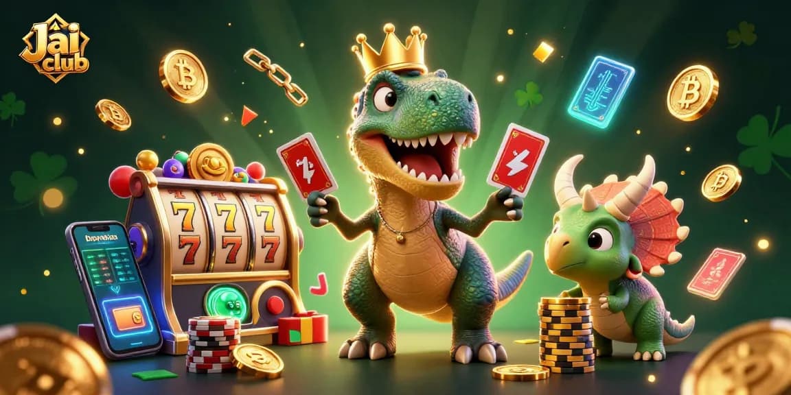 Join the exciting Jai club gaming experience with playful dinosaurs and casino-themed elements.