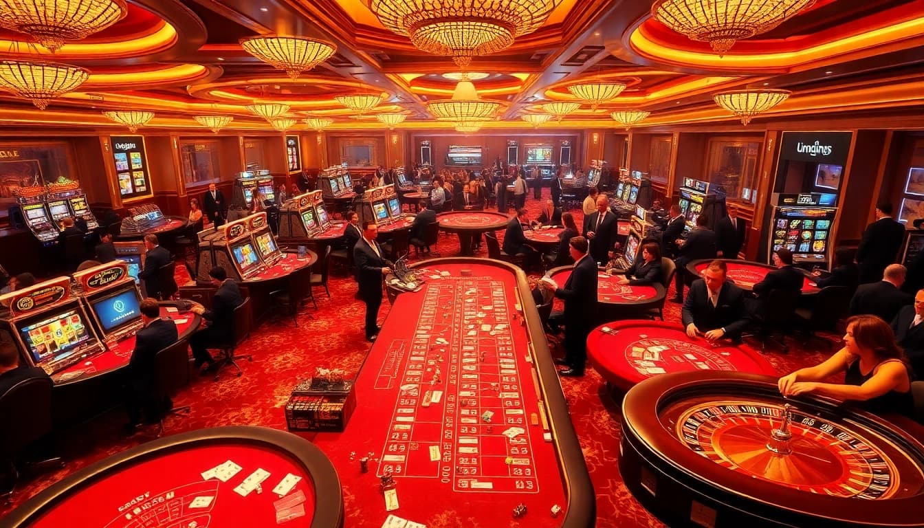 High-stakes gaming at LC88 casino with vibrant tables, eager players, and luxurious decor.