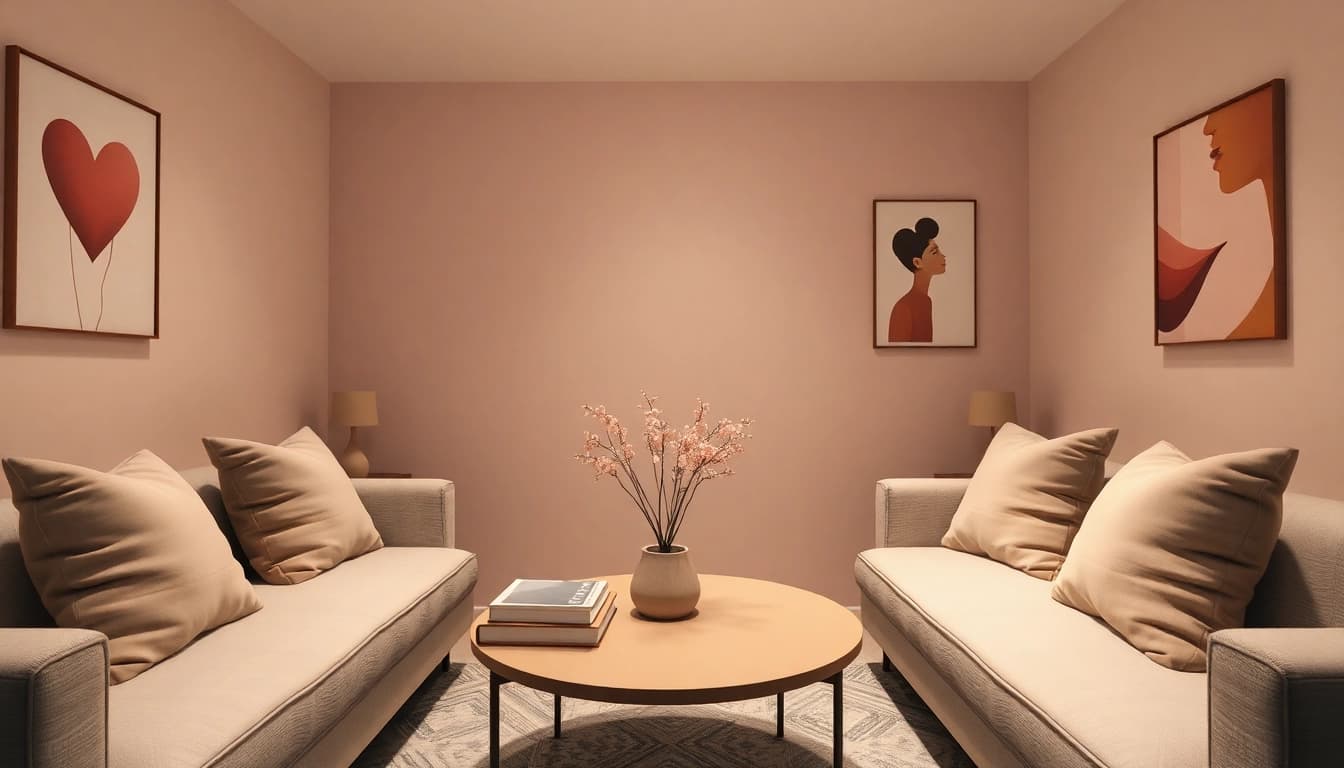 Cozy adult relationship counseling space integrating sex AI technology for personal discussions.