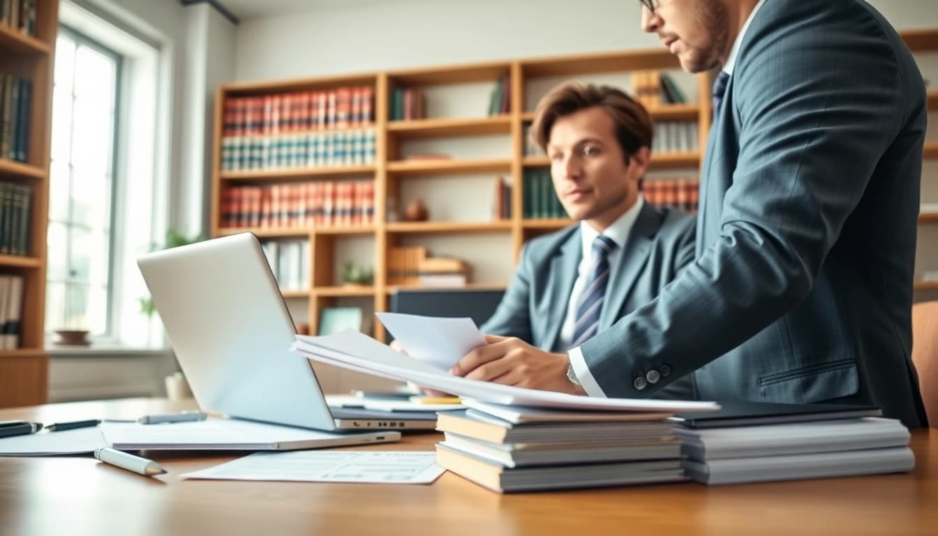 Engaged Personal Injury Lawyer in Grand Junction advising a client in an office.