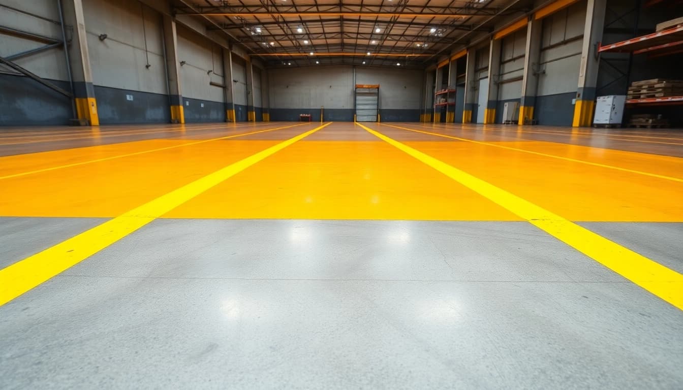 Warehouse floor striping Jackson MS with bright yellow lines showcasing professional quality.