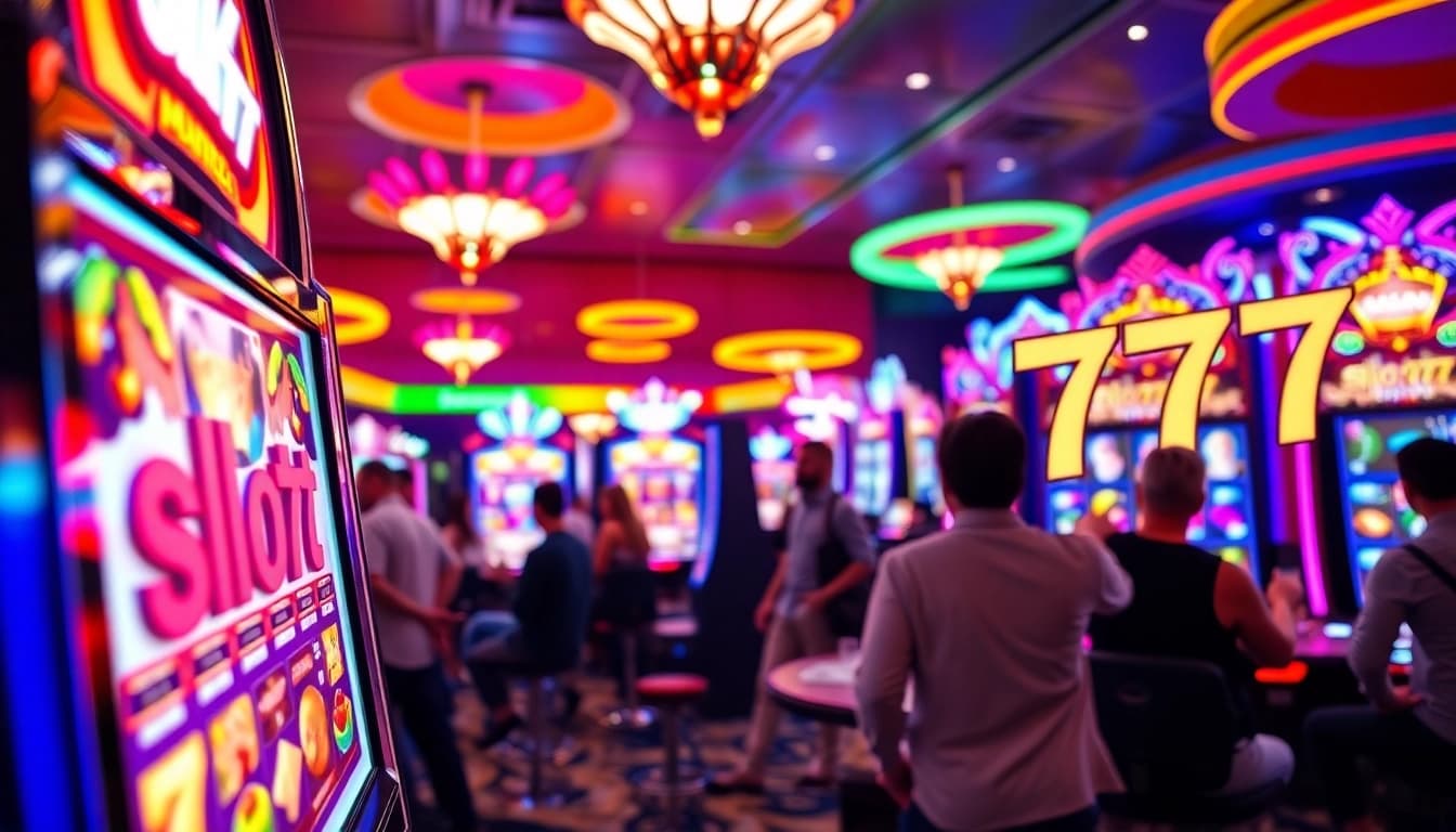 Engaging visual of slot777 slot machine surrounded by enthusiastic players in a lively casino.