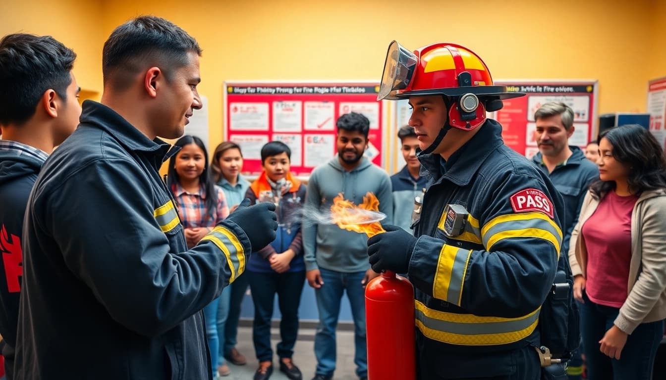 Users learn the procedures of the PASS fire extinguisher during a training session.
