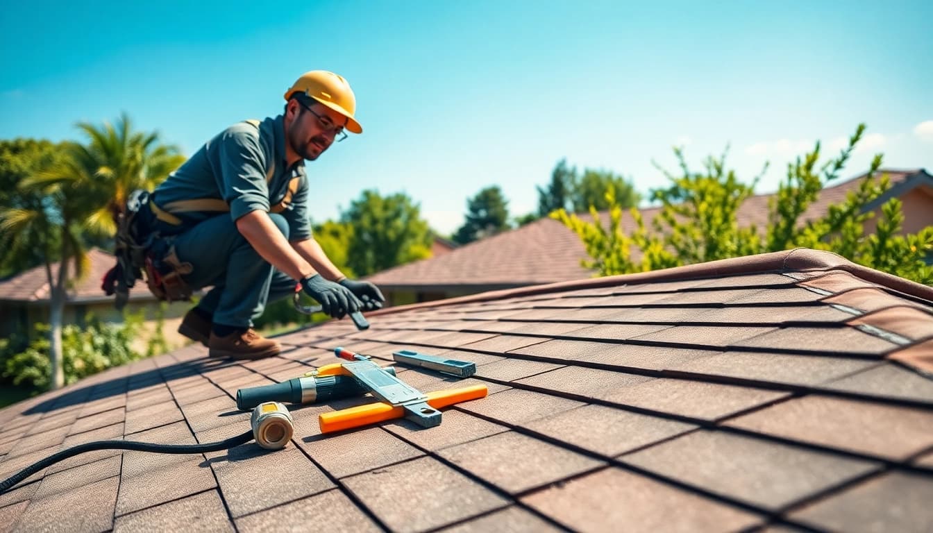 Roof repair in progress by a professional in a residential neighborhood.