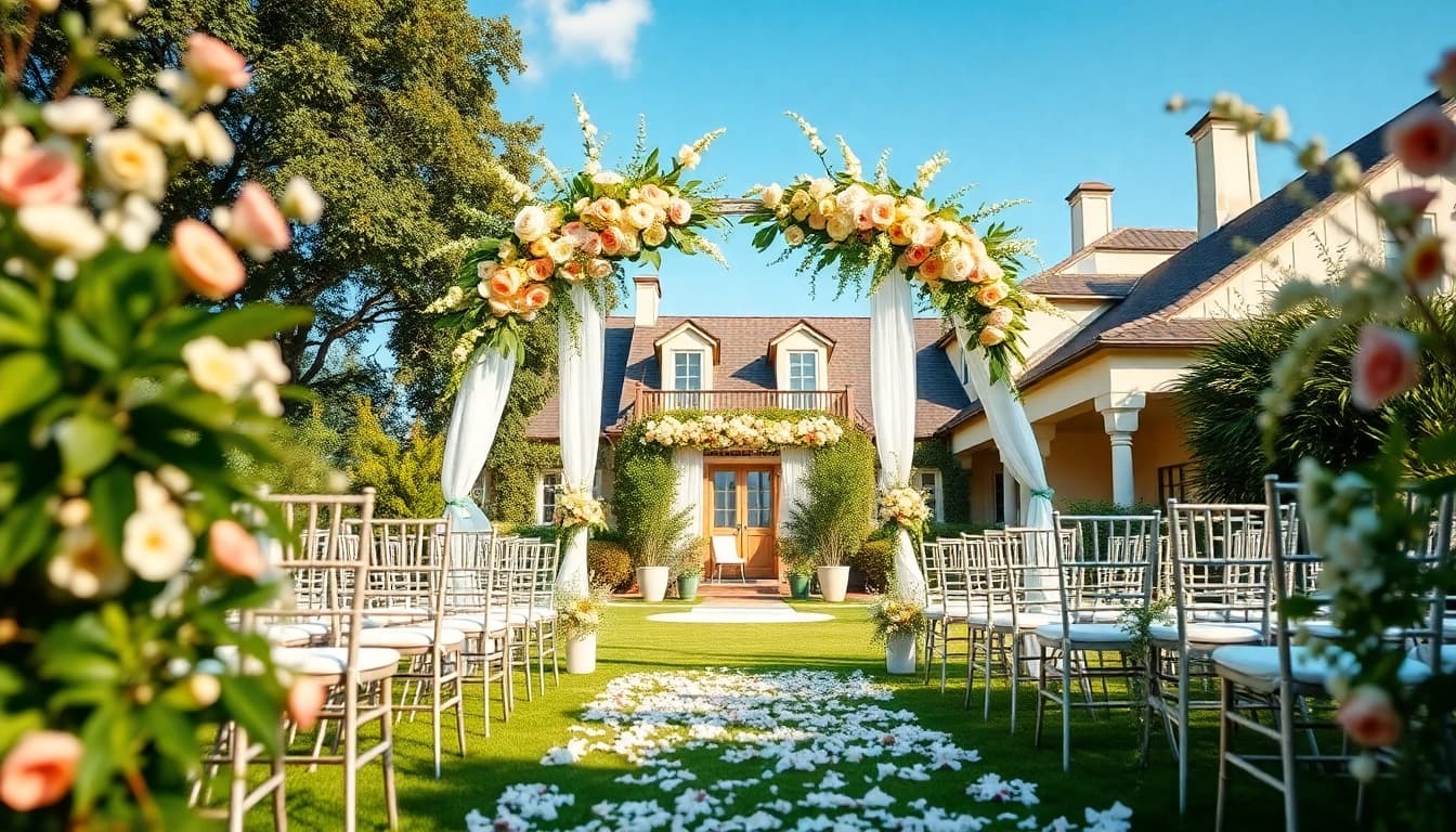 Location Hochzeit mit romantischem Dekor und blühenden Blumen im Freien.