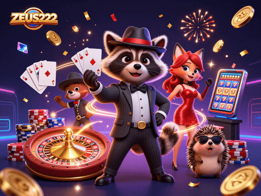 Experience winning strategies with ZEUS222 in an exciting casino scene featuring dynamic characters and vibrant gaming elements.