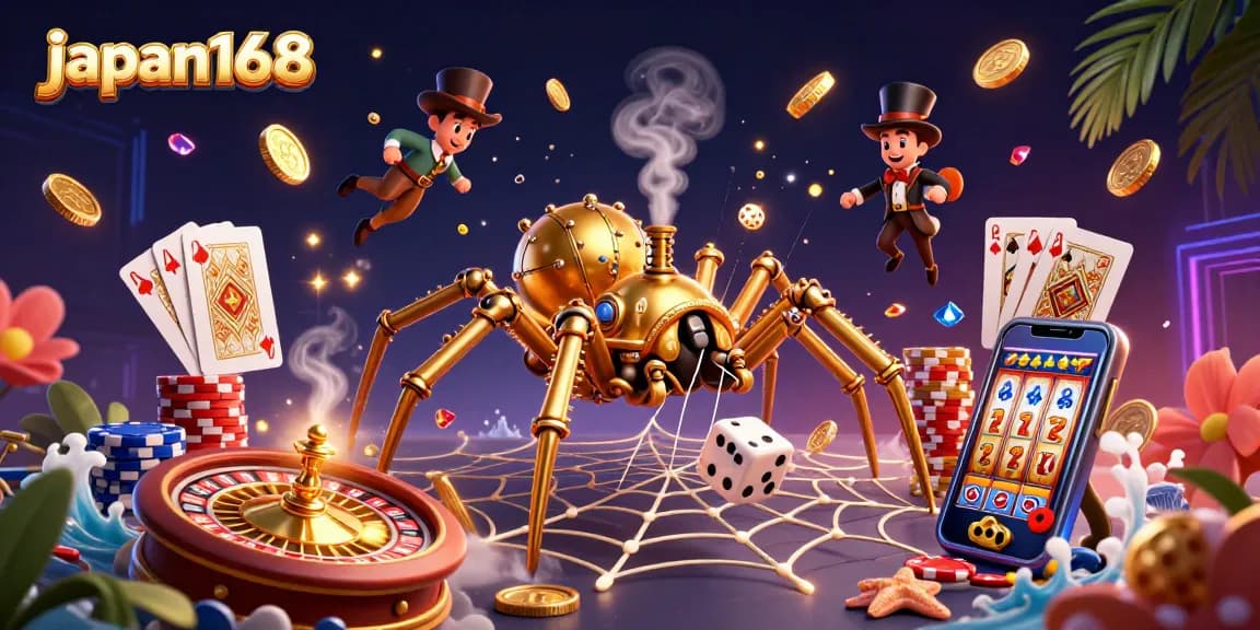 Spin the reels at japan168 with a vibrant steampunk-themed casino illustration showcasing unique characters and exciting gaming elements.