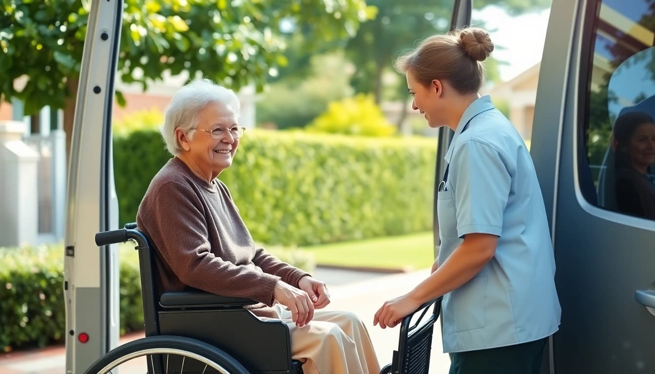 Elderly transportation services aiding a senior with a caregiver and a wheelchair accessible van.
