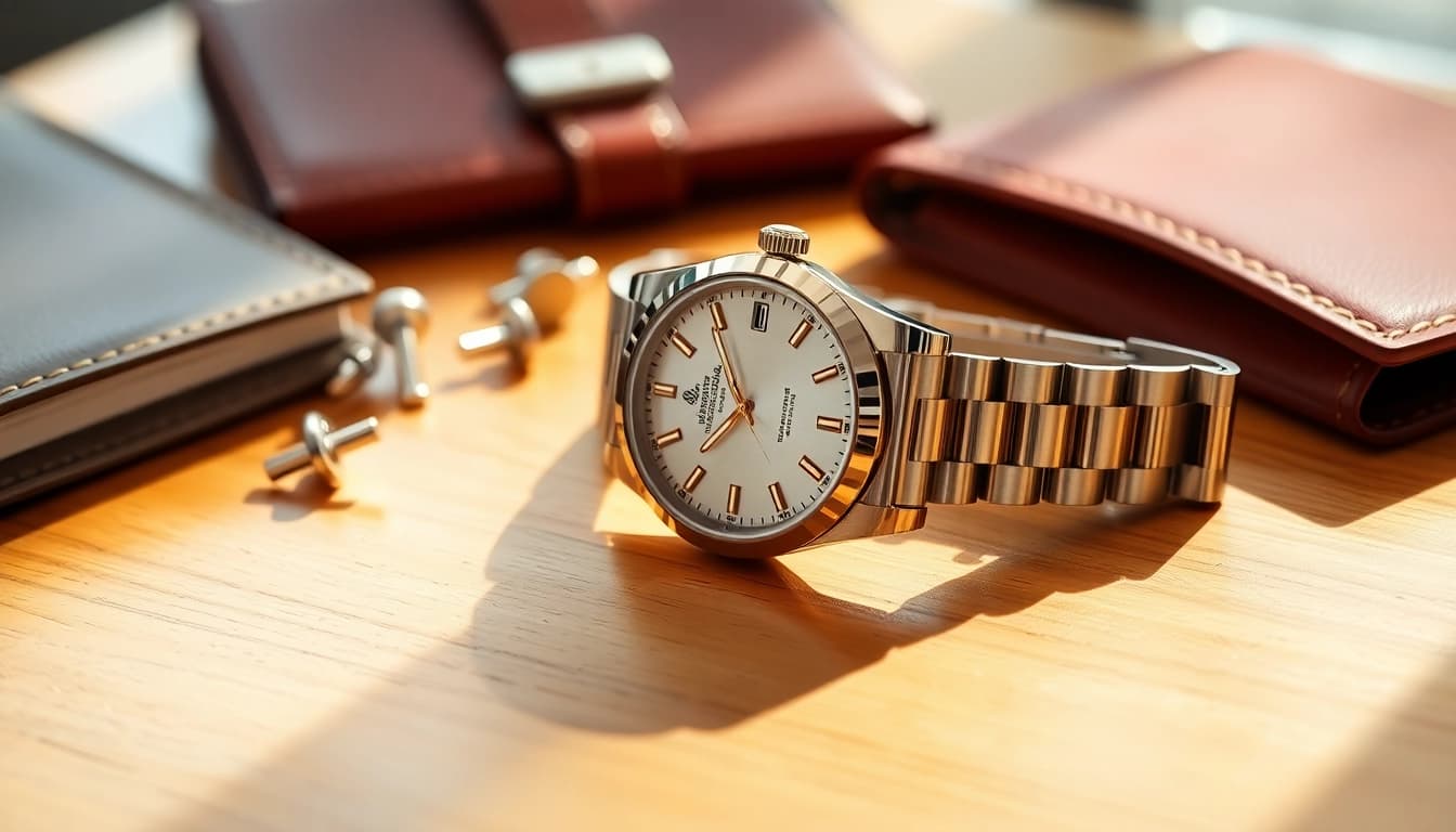 Admire the detailed craftsmanship of this rolex replica watch against a sophisticated backdrop.