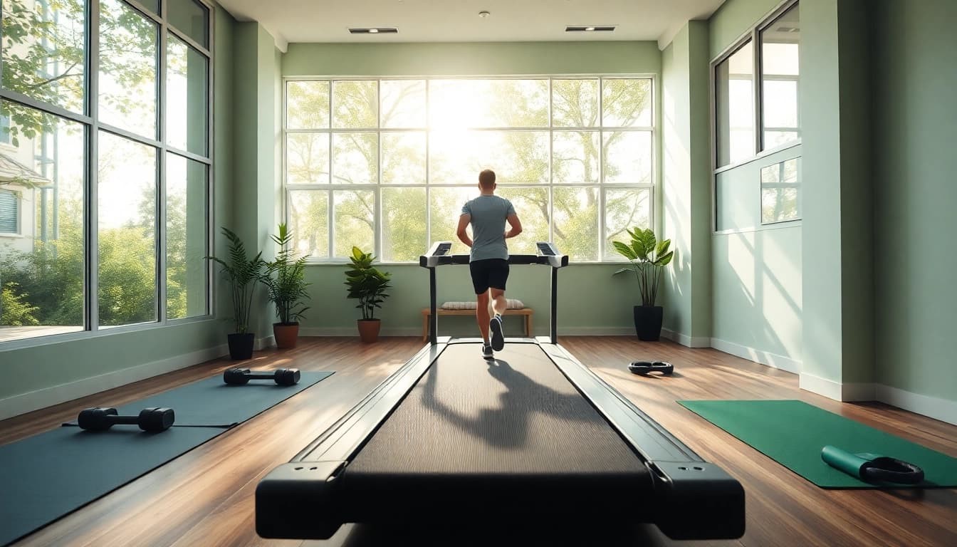 Walking pad treadmill manufacturer showcasing an active user in a stylish fitness studio.