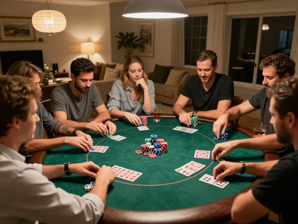 Friends enjoying a lively poker game night, showcasing the strategy and excitement of Keonhacai.