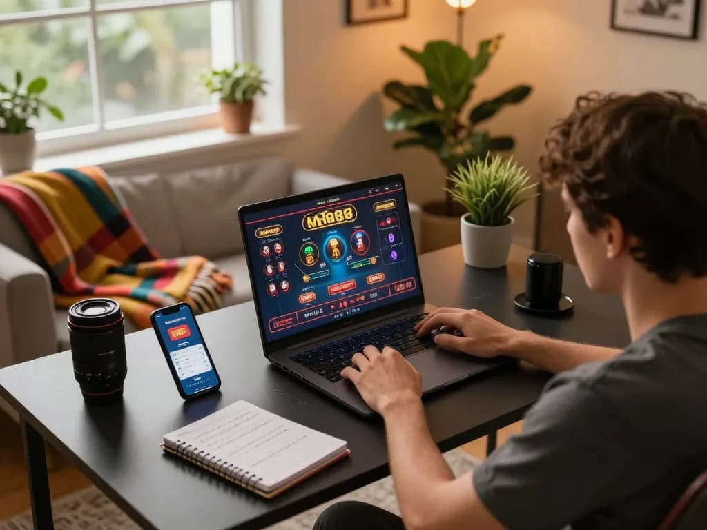 Engaging in online gambling with mb88 while strategizing in a cozy home setup.