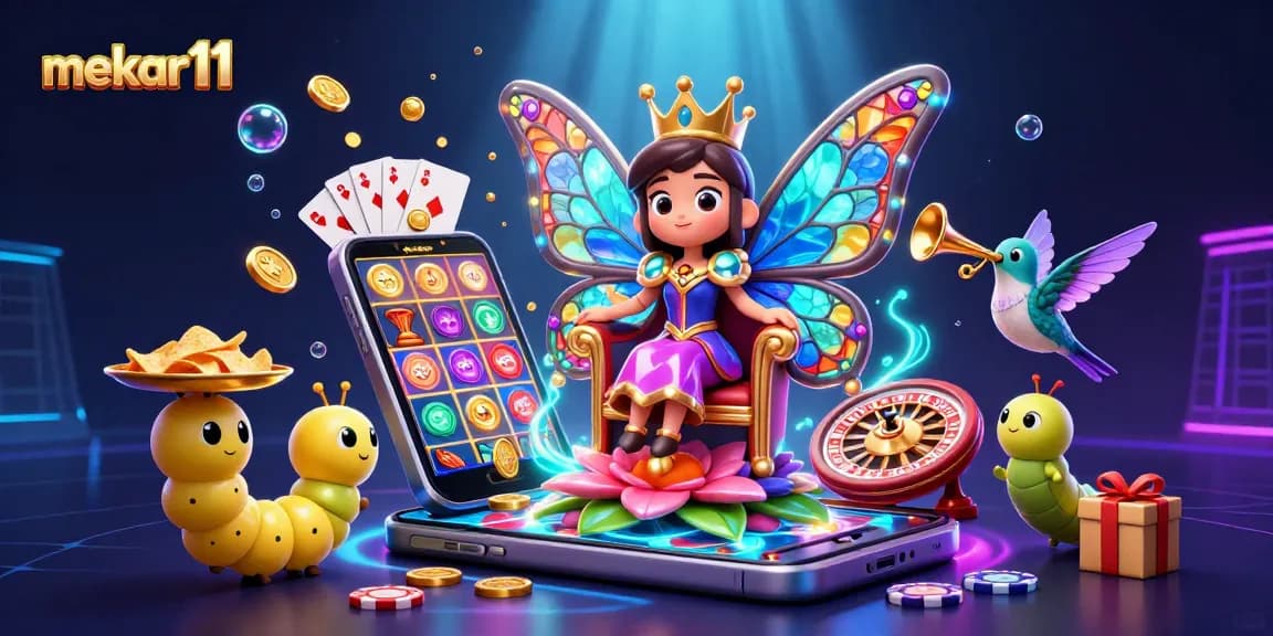 Mekar11 engages with colorful slot games and rich casino elements in a vibrant 3D scene.