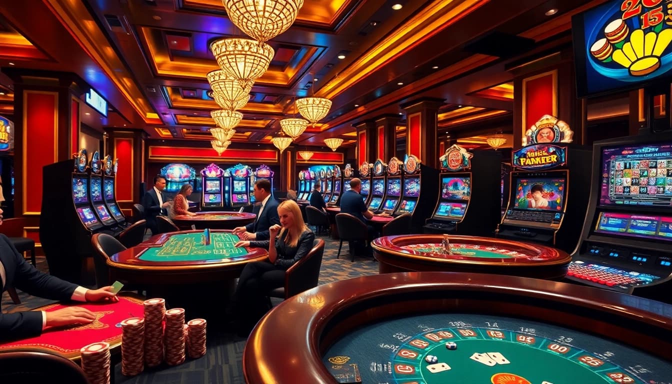 Experience thrilling casino action at https://rr88.navy/ with players engaged at tables and slot machines.