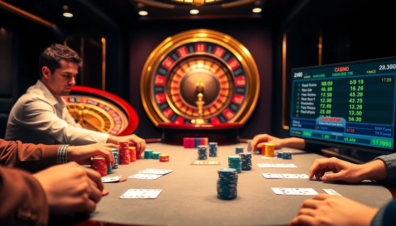 A poker game scene at https://topclub.site/ showcasing intense players, poker chips, and ambient lighting.