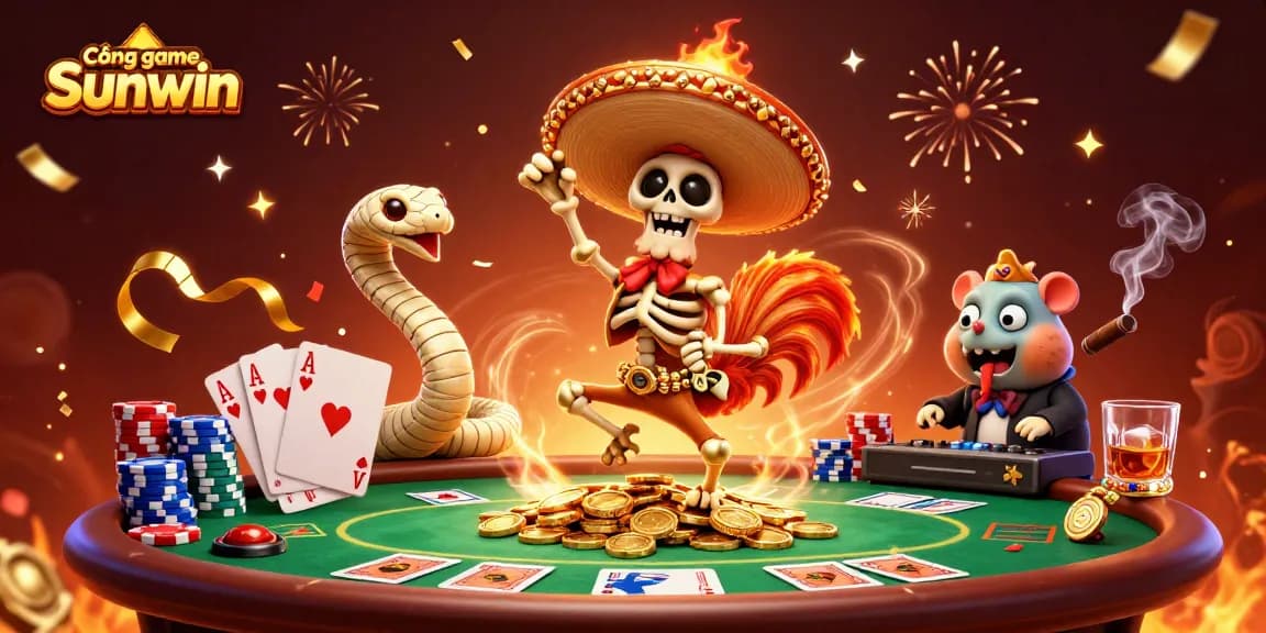 Cổng game Sunwin features a lively scene with 3D characters dancing, surrounded by poker elements, showcasing a vibrant casino atmosphere.