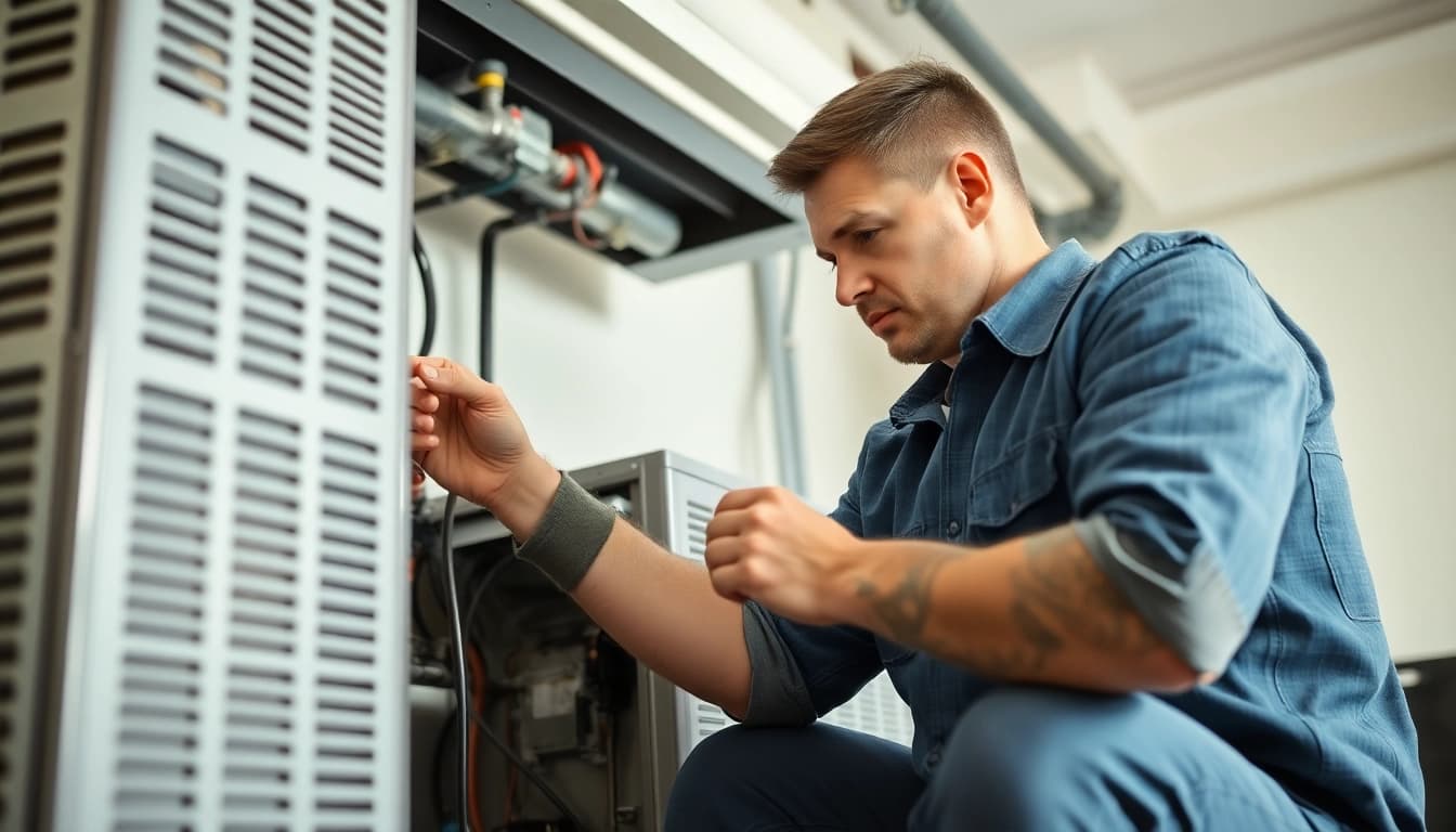 AquaForce Mechanical service technician efficiently repairing HVAC systems in a residential setting.