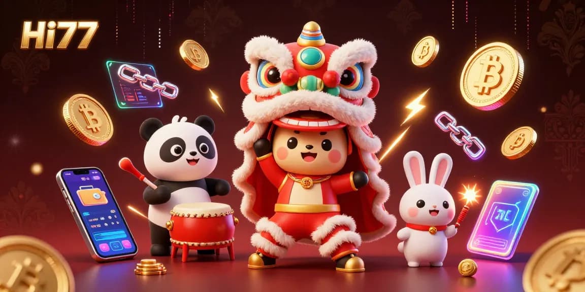 Win big at Hi77 with a vibrant illustration featuring a lion dance and exciting gaming elements.