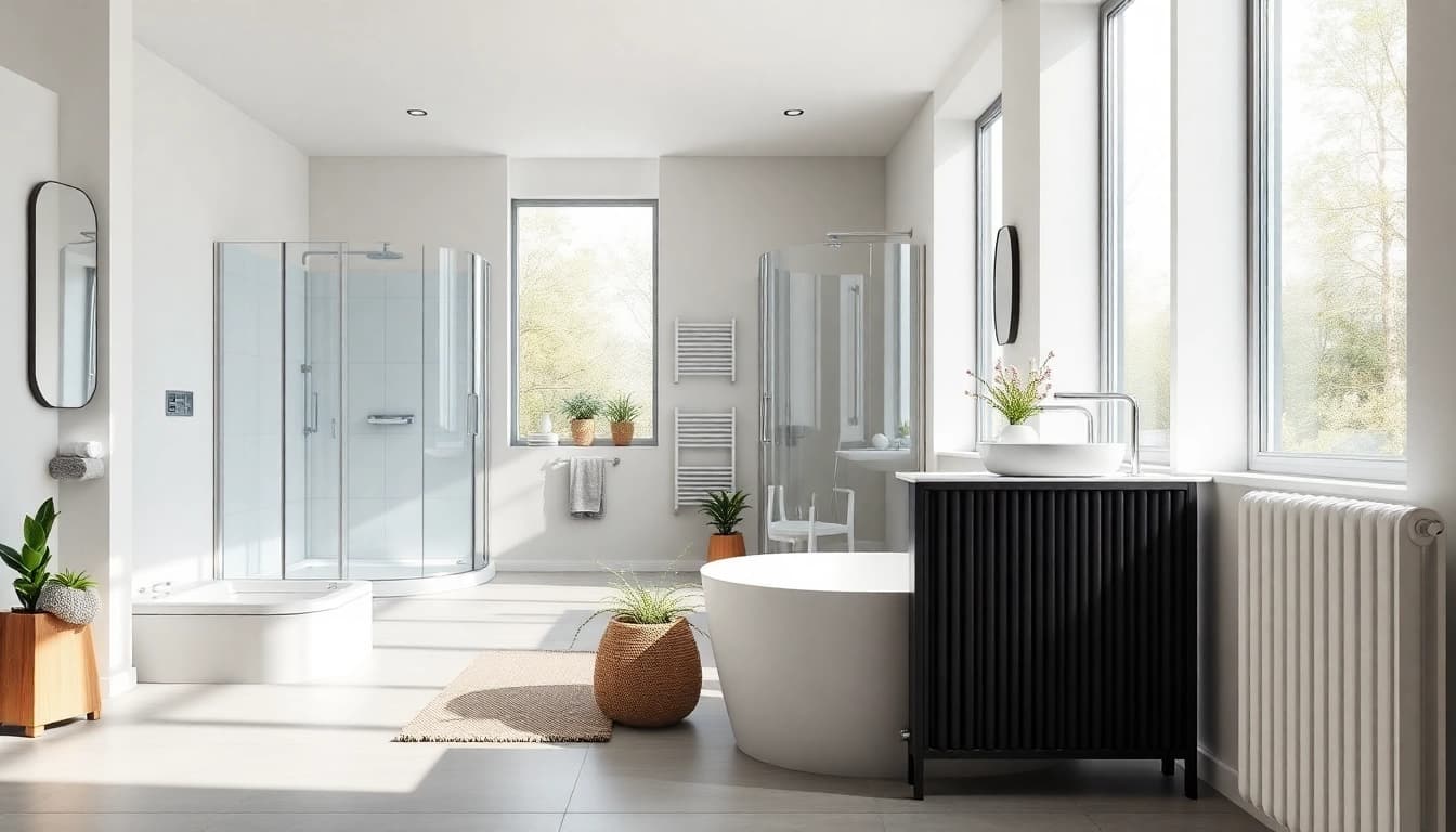 Badezimmer mit sonni sanitär Duschkabinen und Heizkörpern in modernem Design