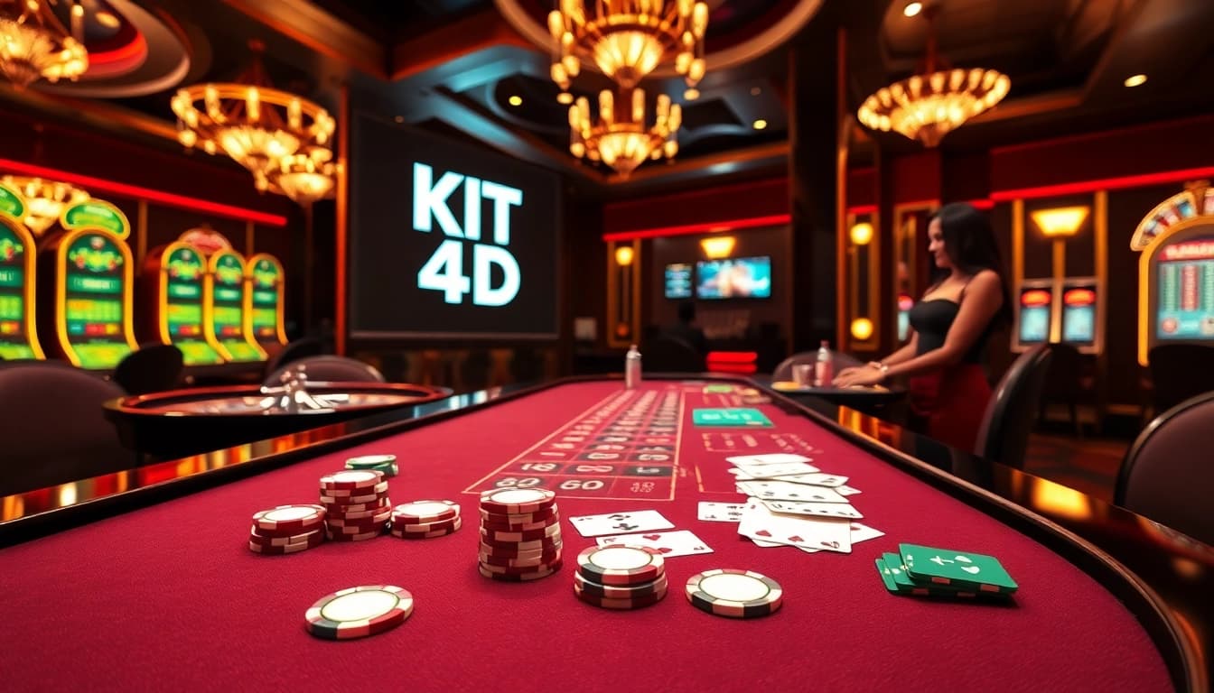 Nikmati aksi perjudian yang mendebarkan dengan KIT 4D dalam suasana kasino mewah yang menampilkan meja poker dan roulette.