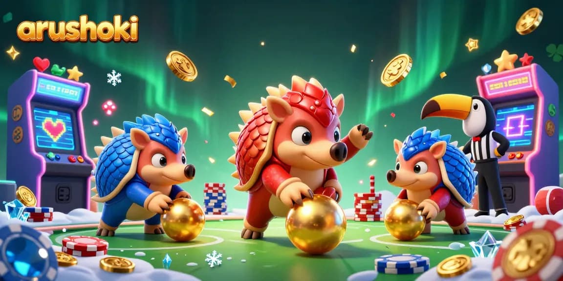 arushoki menghadirkan dua pangolin bersaing yang melempar bola emas dalam kasino, dikelilingi mesin arcade 3D dan cahaya gemerlap.