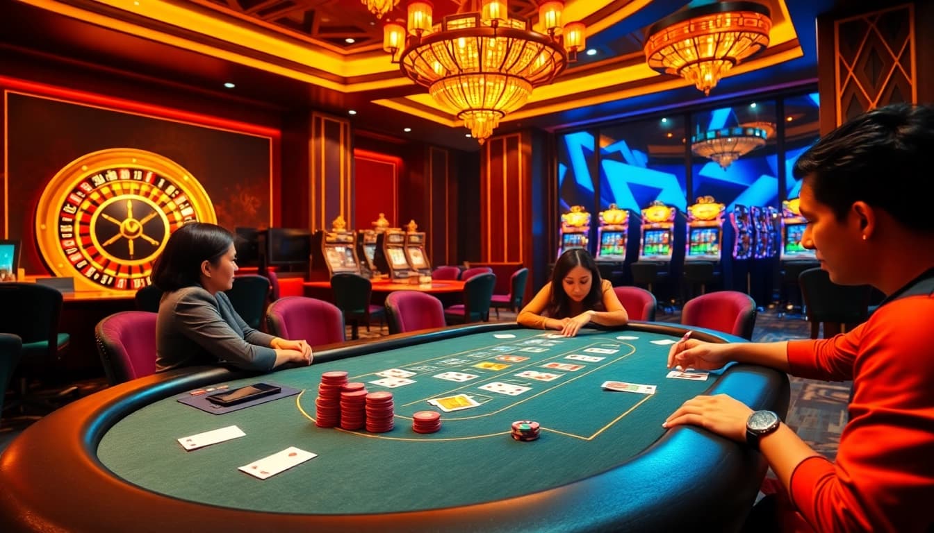 Exciting poker game at Nhà cái MMOO showcasing vibrant chips and cards in a luxurious casino.