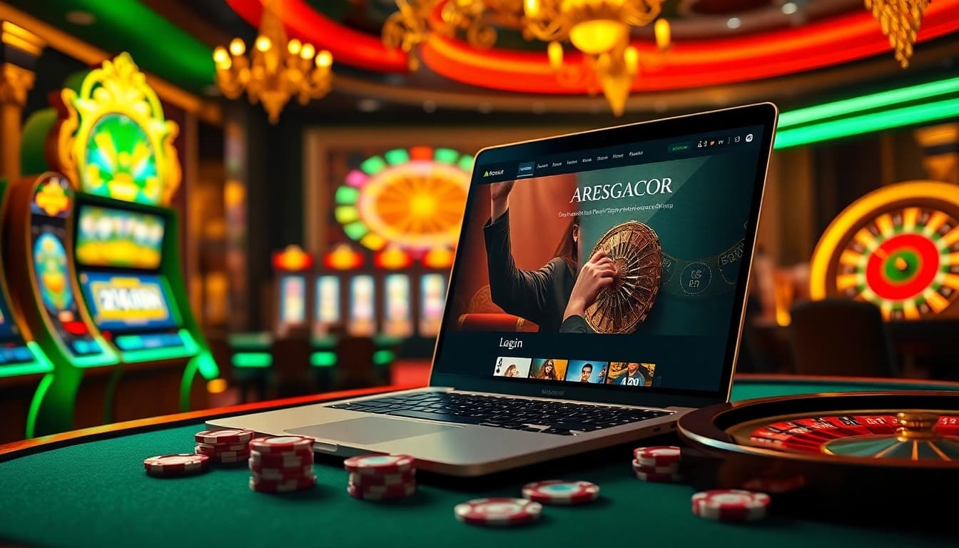 Capture the essence of a thrilling login aresgacor experience with vibrant casino visuals and excitement.