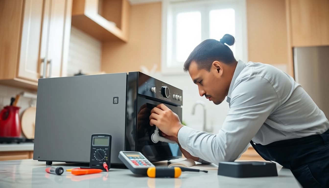 Expert appliance repair los angeles technician fixing a kitchen appliance in a bright home.