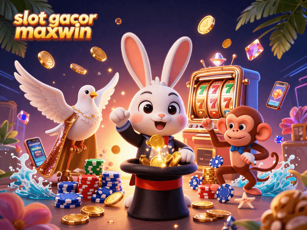 Gambarkan keseruan bermain slot gacor maxwin dengan karakter lucu dan elemen kasino dari koin emas hingga mesin slot.