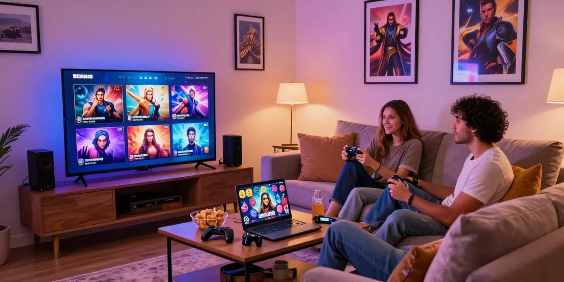 Enjoying free porn games on a large screen with friends in a cozy living room.