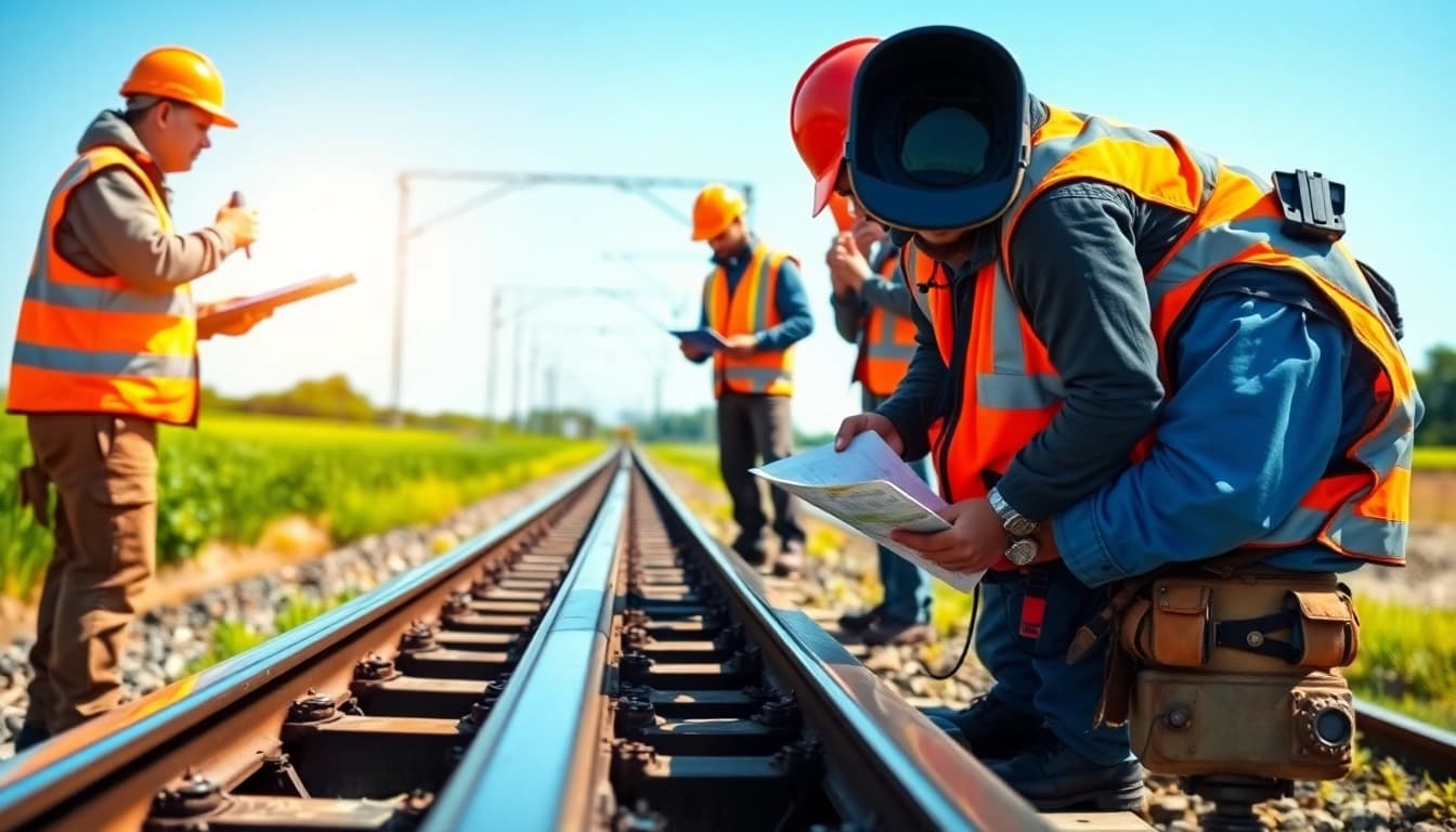 Railroad Maintenance Services team inspecting tracks with modern equipment in a vibrant setting.
