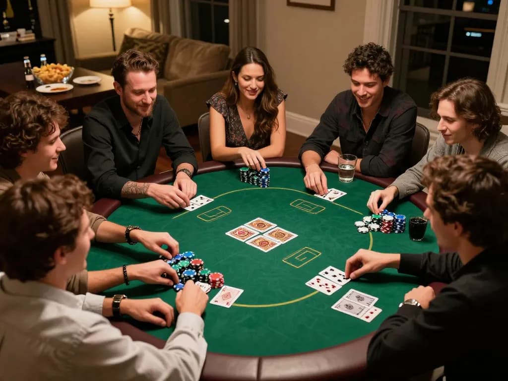 Engaged players enjoying a friendly poker game while discussing giường bệnh nhân strategies over drinks